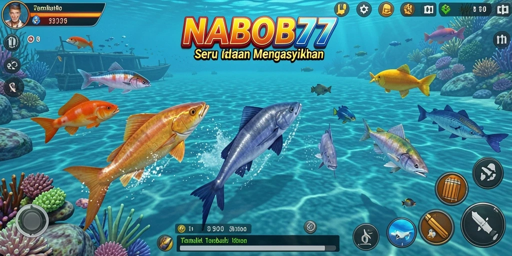 Screenshot gameplay NABOB77 dengan aksi menembak ikan yang intens.