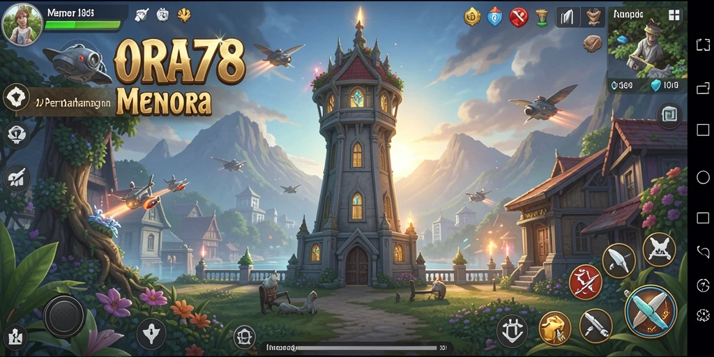 Screenshot gameplay ORA78 menampilkan pertempuran mendebarkan menara pertahanan.