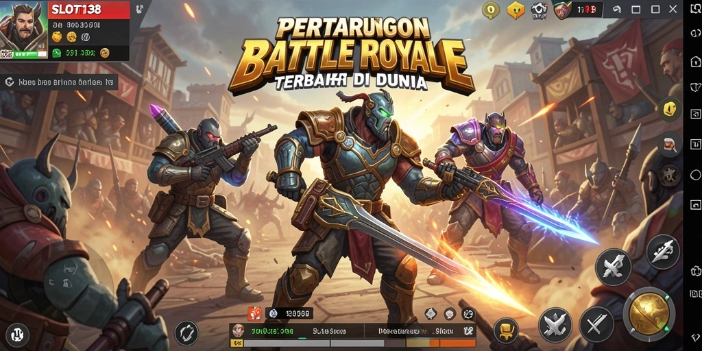 Screenshot SLOT138 menampilkan pertempuran intens dalam game Battle Royale.