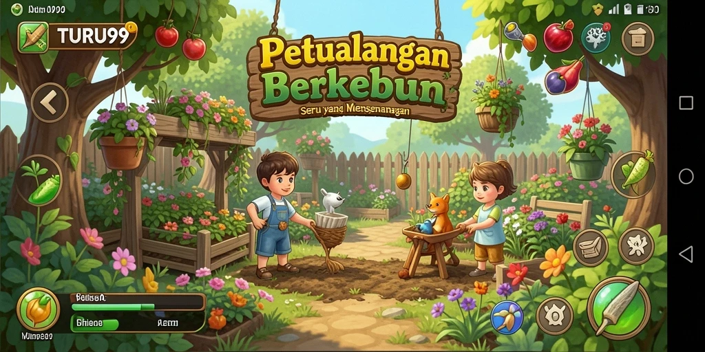 Screenshot gameplay TURU99, menampilkan kebun yang subur dan berbagai aktivitas berkebun.